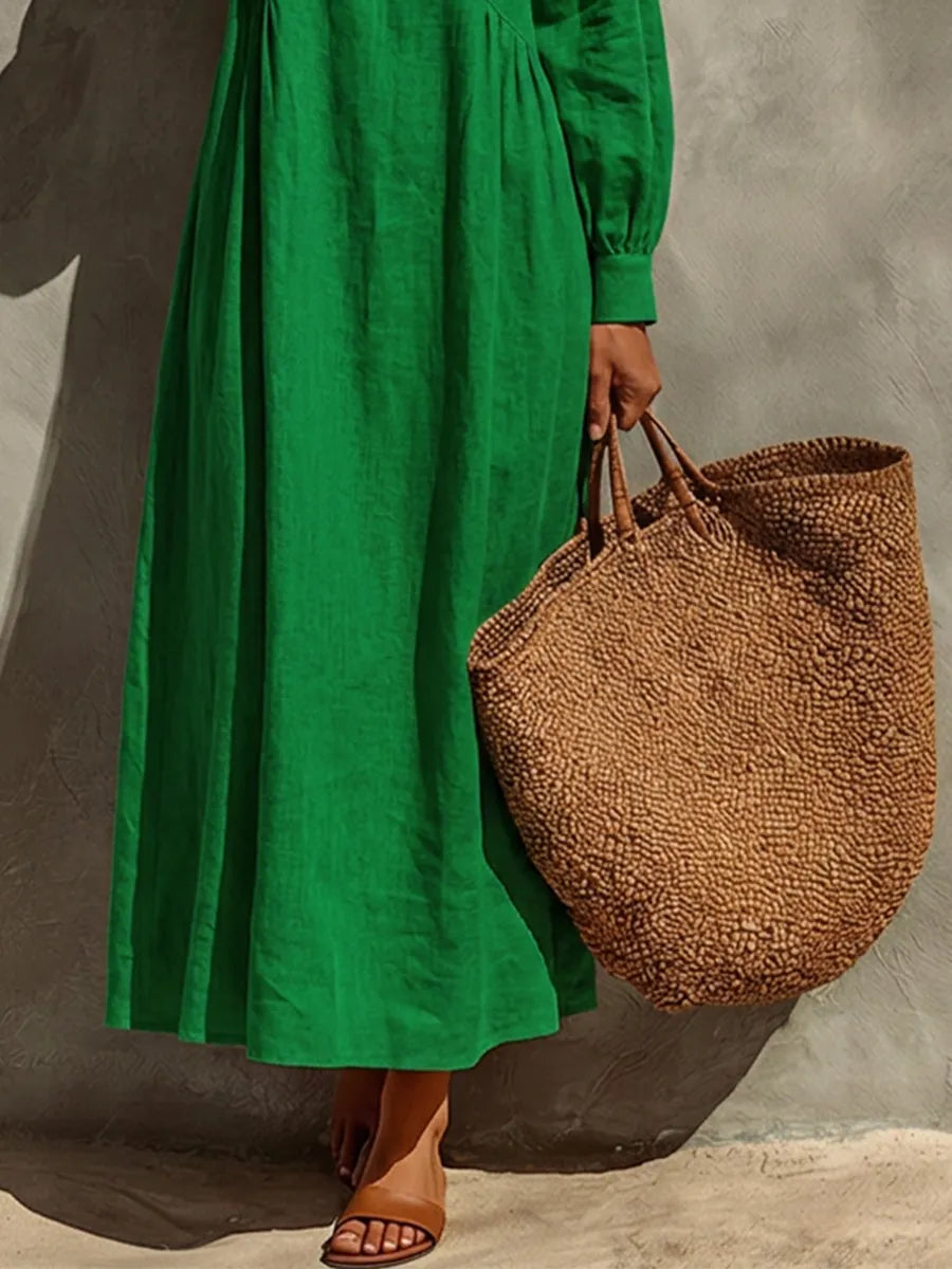 Women's Green Linen Maxi Dress With Crew Neck Puff Long Sleeves & Side Gathered Panel, Minimalist Boho Vacation Loose Maxi Dress MDZ0648G4LYL