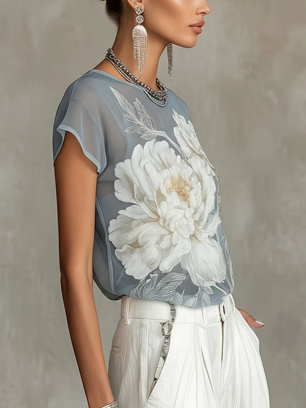 24-Hour-Shipping Sheer Blue Floral Print Chiffon Blouse