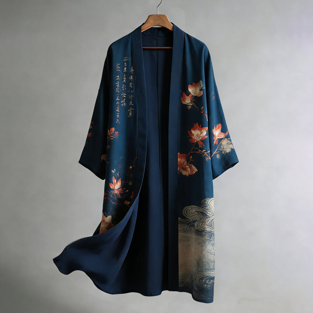 Japanese Floral And Calligraphy Pattern Linen Blend Long Kimono