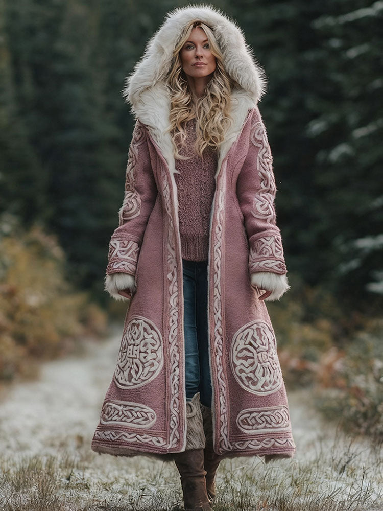 Women's Viking Celtic Knot Knitted Jacquard Long Fur Collar Coat