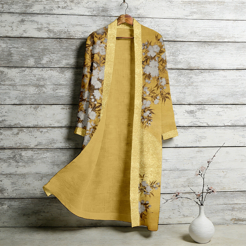Bright Sunshine Japanese Floral Art Flowy Linen Long Kimono