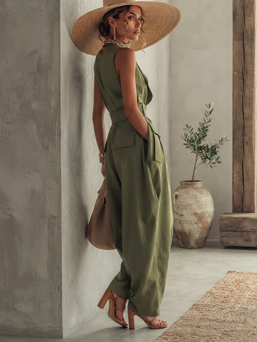 Soft Sage Linen Blend Sleeveless Jumpsuit