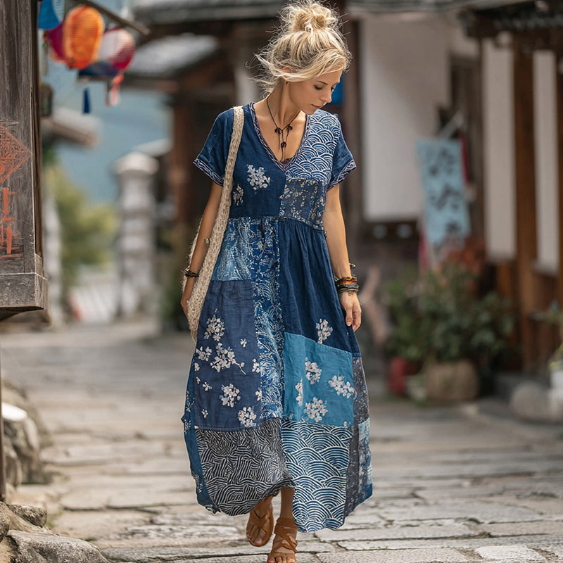 Women's Japanese-style Floral Print Casual Long Dress