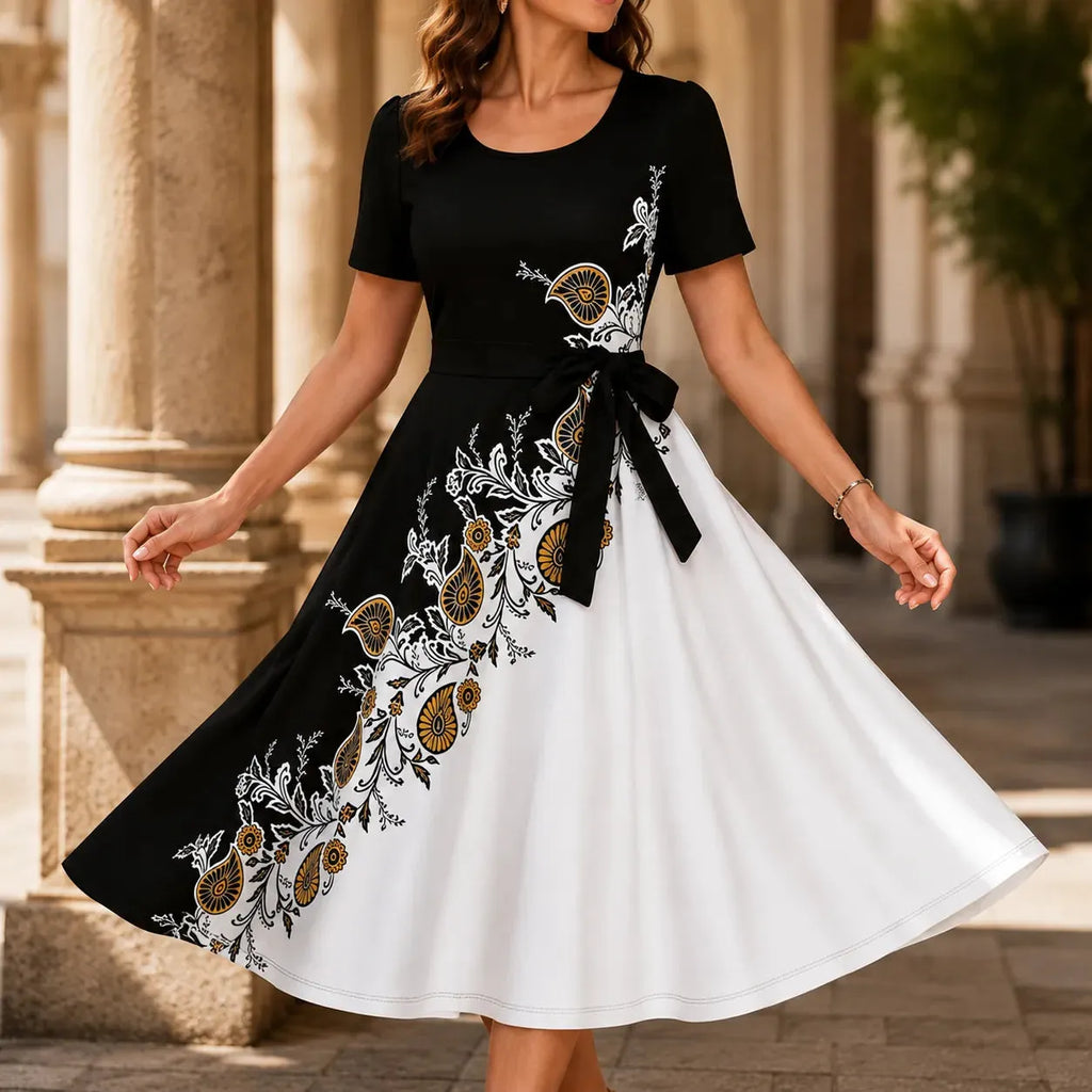 Marveline – Paisley A-Line Midi Dress with Tie Waist
