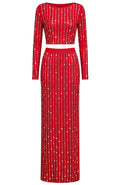 Long Sleeve Crystal Maxi Two Piece Dress Red