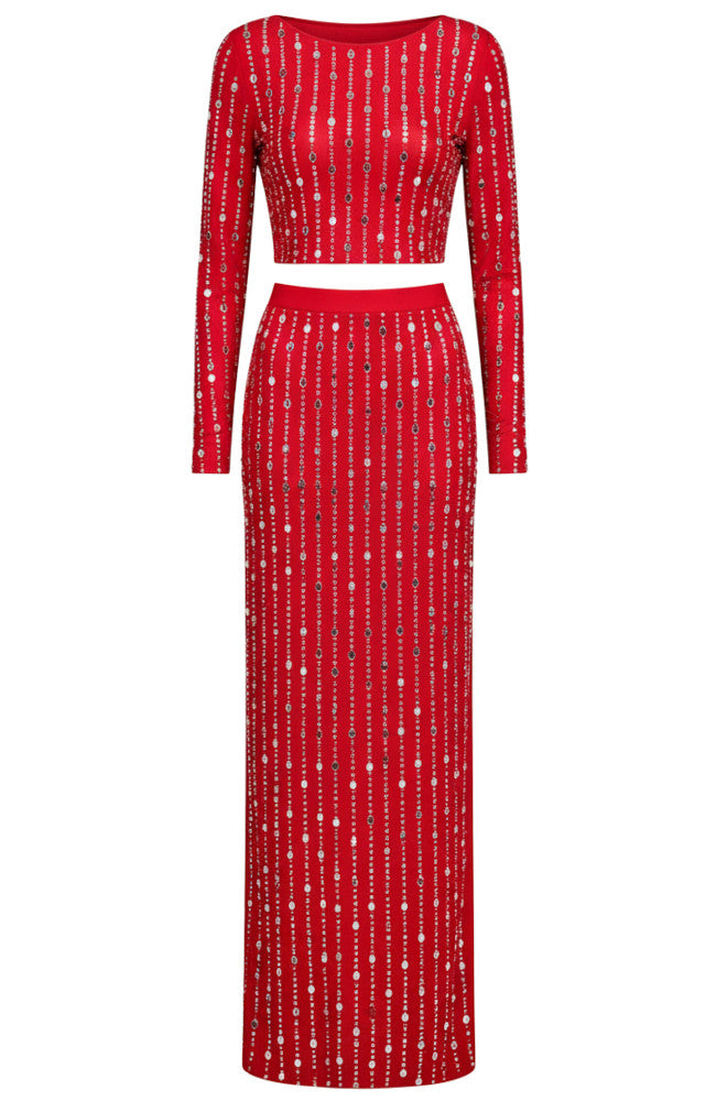 Long Sleeve Crystal Maxi Two Piece Dress Red