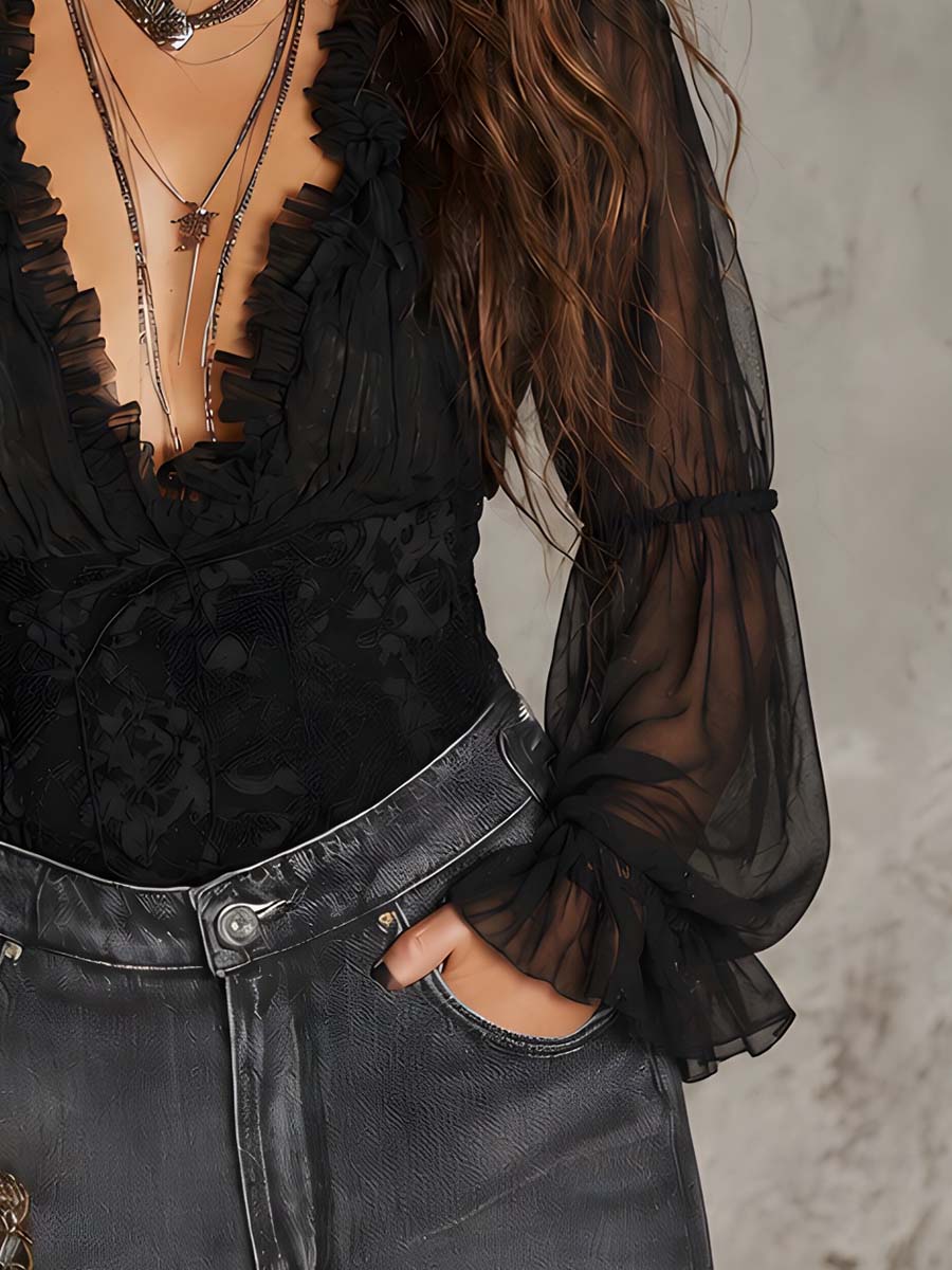 Retro Lace Corset-Style Ruffled Sheer Chiffon Blouse