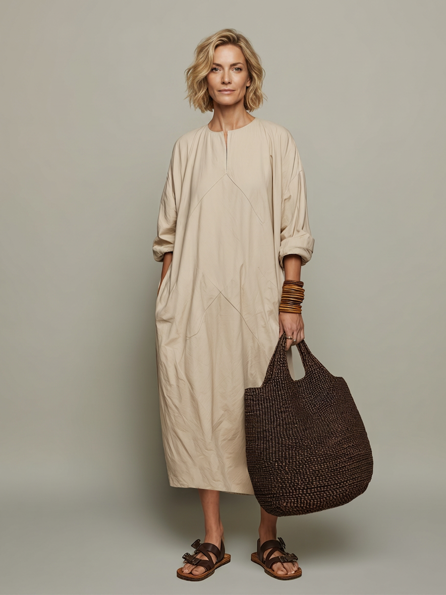 Women's Beige Cotton Midi Kaftan Dress With Split Crew Neck & Rolled Three Quarter Sleeves, Minimalist Lagenlook Loose Casual Midi Dress MDZ1431G2LYL