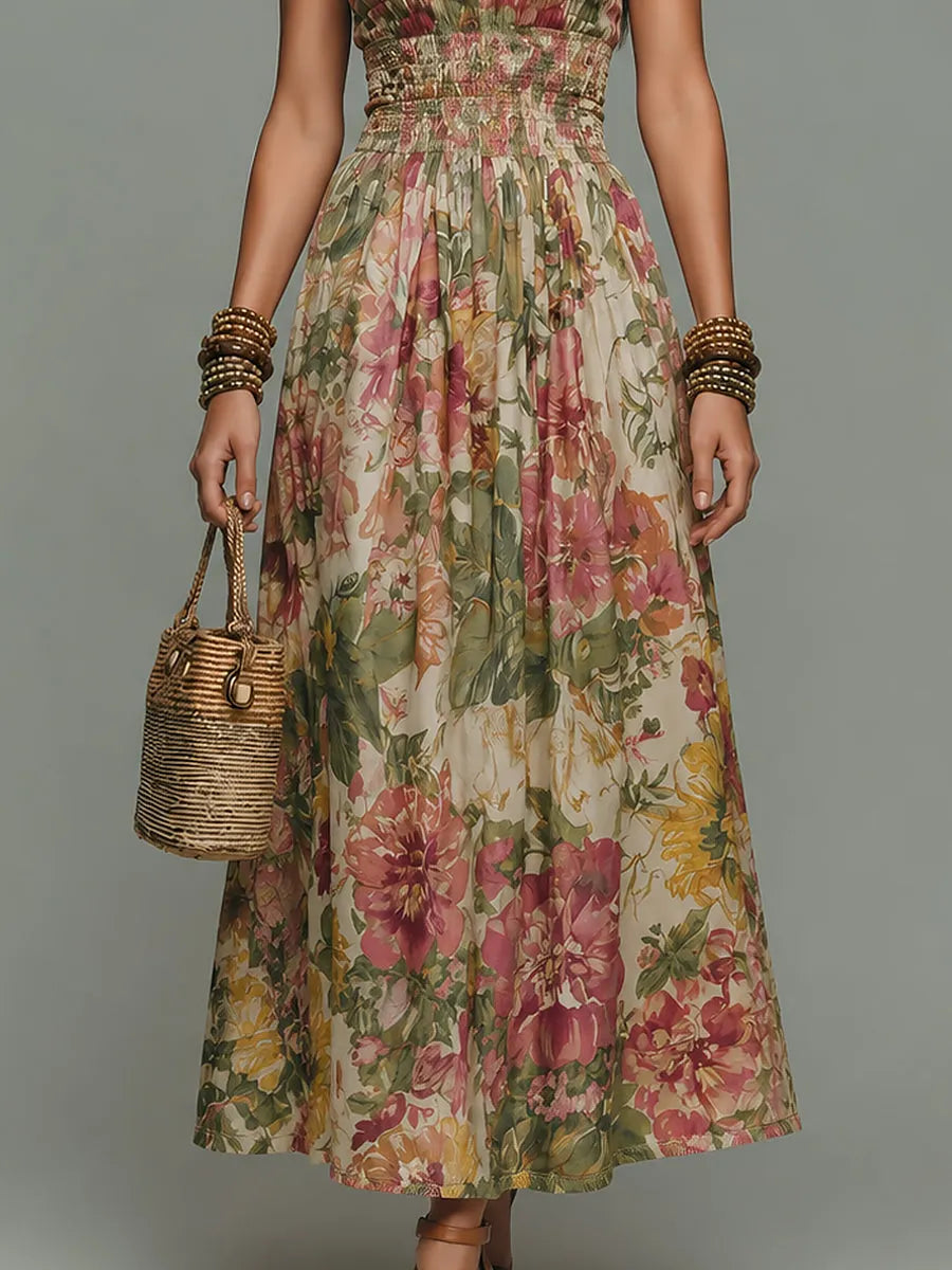 Boho Tropical Print Strapless Smocked Maxi Dress