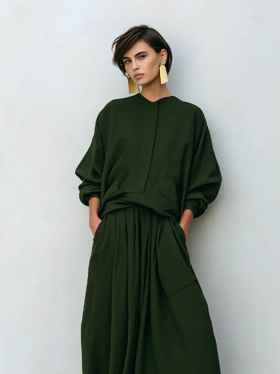Women's Dark Olive Woven Two-Piece Set With Stand Collar Pocket Blouse & Oversized Drawstring Maxi Skirt, Minimalist Loose Resort Matching Outfit MDZ0781G6LYL