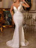 Sexy Slim Wedding Spaghetti-Neck Applique Jacquard White Maxi Dresses