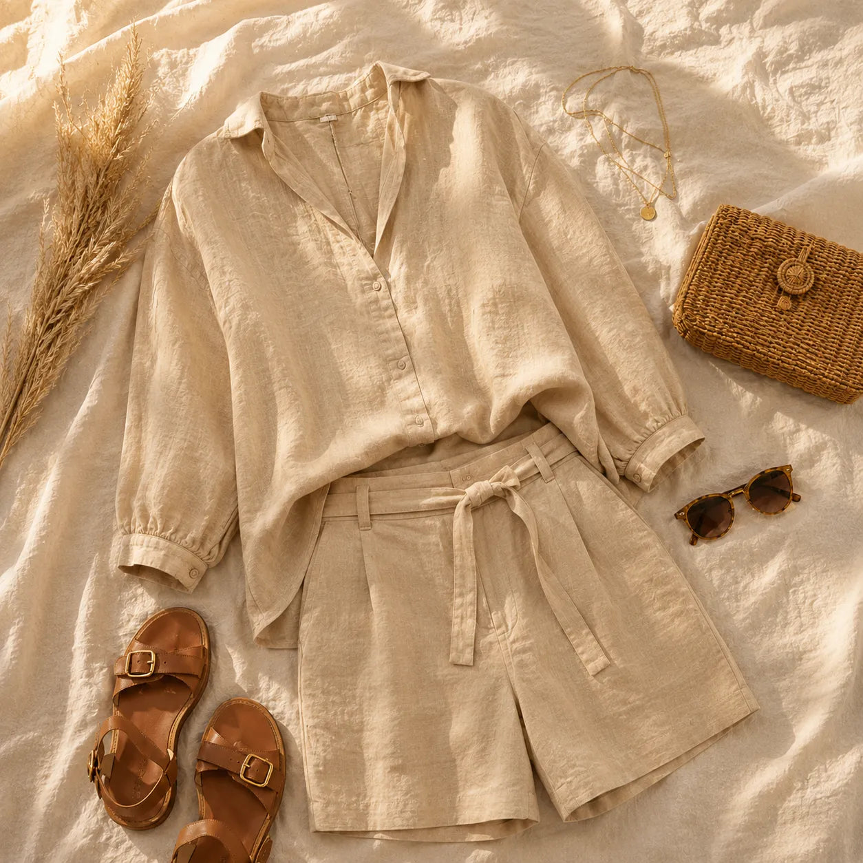 Solenne – Linen-look Two-Piece Set with V-Neck Top and Belted Bermuda Shorts
