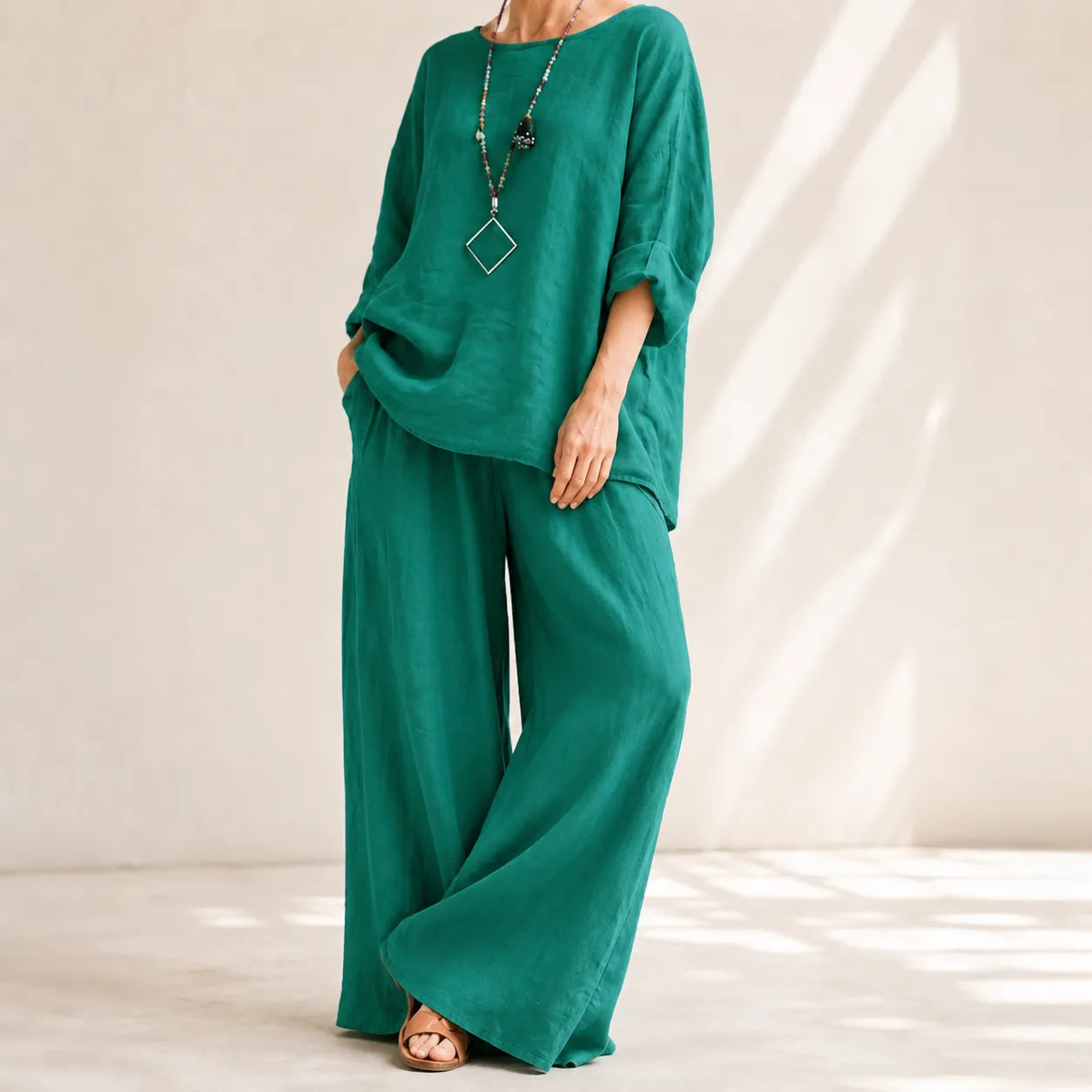 Lunavia – Oversized Cotton-Linen Two-Piece Set with Wide-Leg Pants