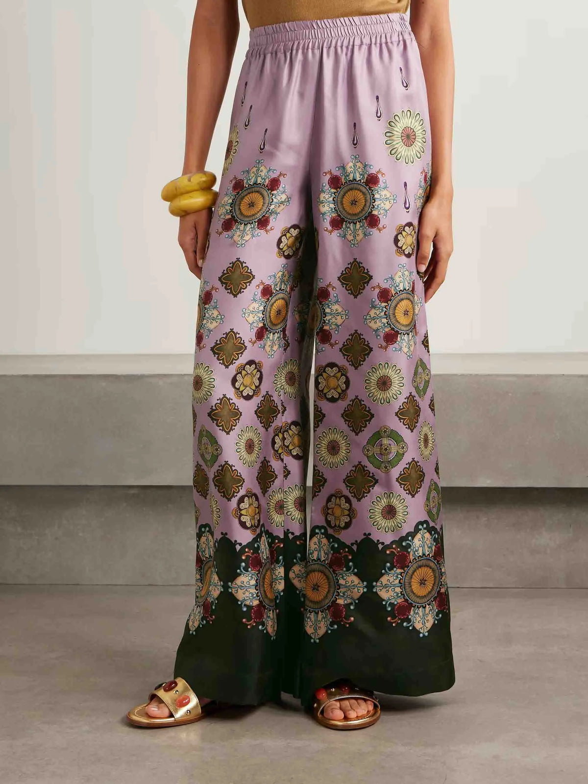 Retro Fine Satin Floral Print Wide-Leg Pants
