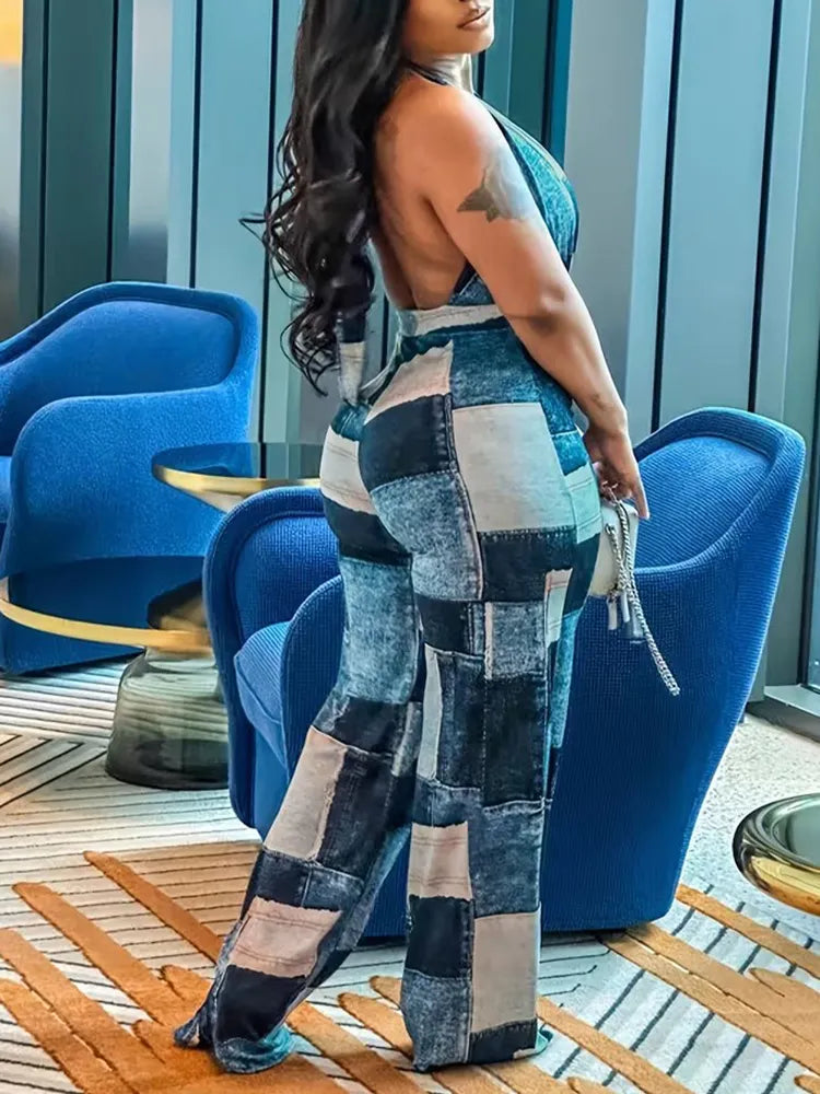 Women Halter-neck Patch Casual Denim Jumpsuit