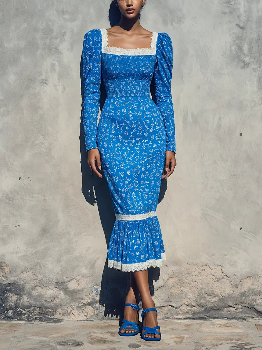 Women’s Bright Blue Ditsy Floral Square White Lace Trim Puff Long Sleeve Smocked Waist Mermaid Midi Dress MDZ0666G0YZJ