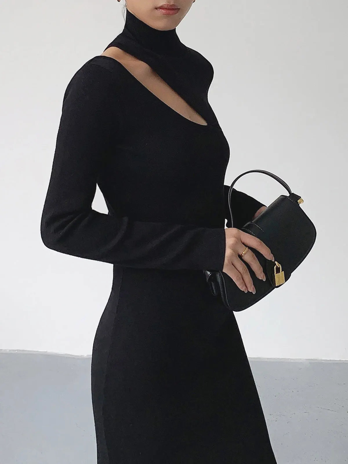 Asymmetrical Cutout Mockneck Knit Midi Dress