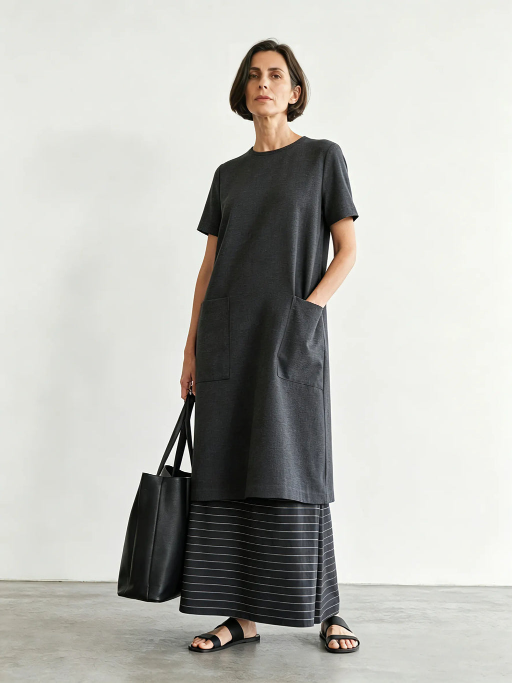 Women's Minimalist Color-Block Striped Short-Sleeve Maxi Dress MDZ3052F9WY