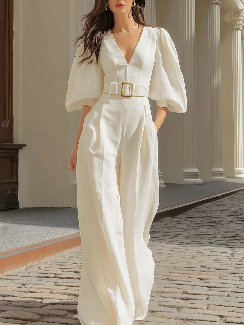 White V-neck lantern sleeve wide-leg jumpsuit(Includes belt)