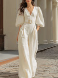 White V-neck lantern sleeve wide-leg jumpsuit(Includes belt)