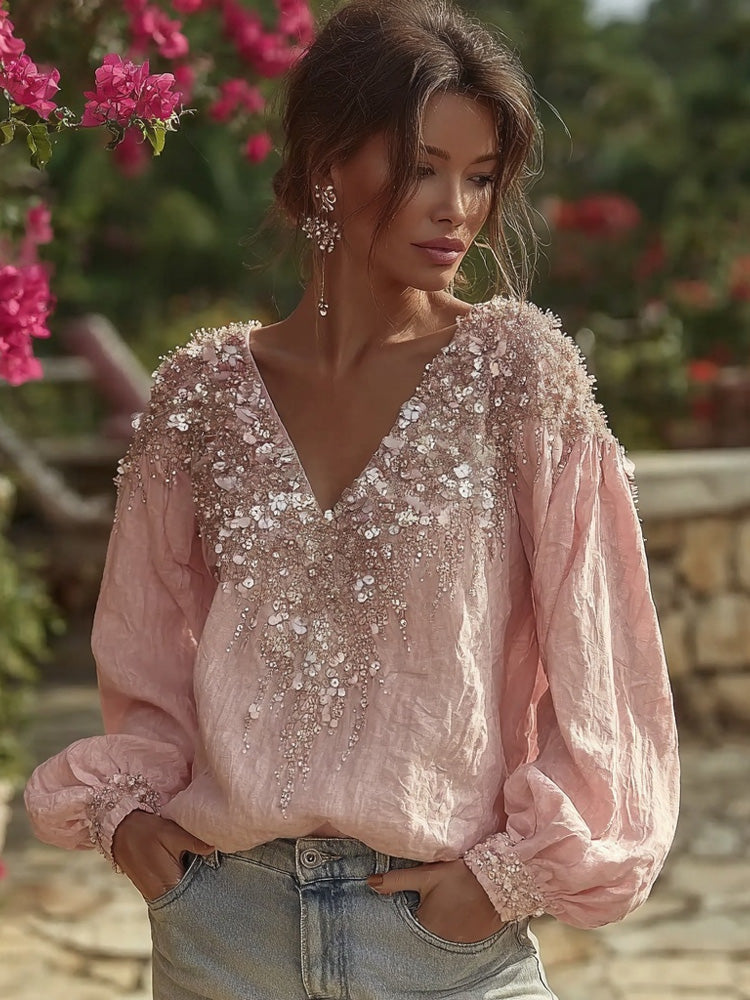Vintage Boho Glitter Floral Art Comfy Linen Tunic