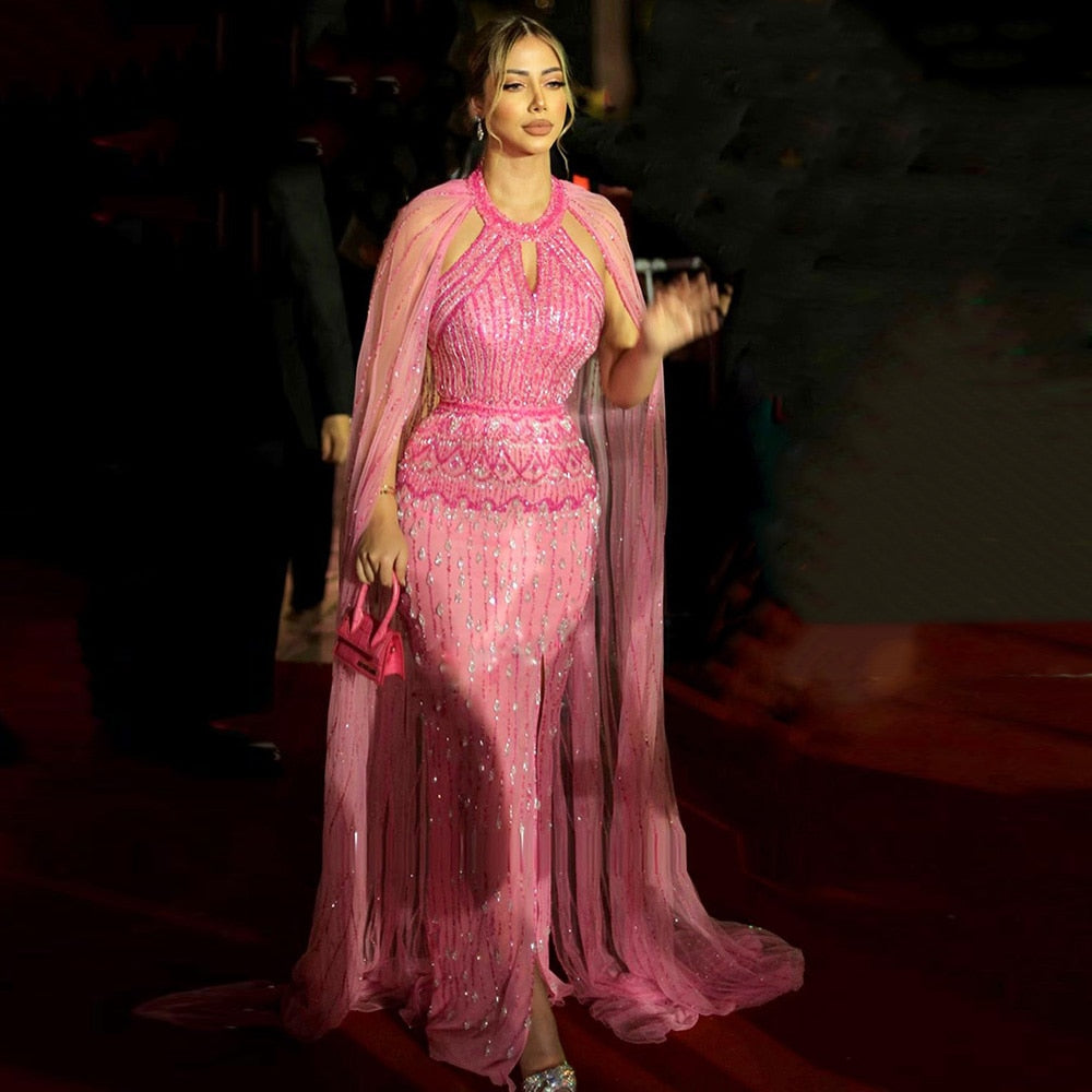 DreamyVow  Luxury Dubai Mermaid Pink Evening Dresses with Cape Sleeves 2023 Arabic Women Wedding Guest Formal Party Gowns 361