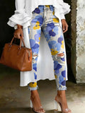 Women's Fashion Modern Abstract Floral Artistic Print Casual High-waisted Ripped Skinny Jeans