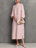 Women's Relaxed Style Light Pink Linen Cotton Stand Collar 3/4 Sleeve Fringe Slit Midi Dress MDZ0117G8GMJ