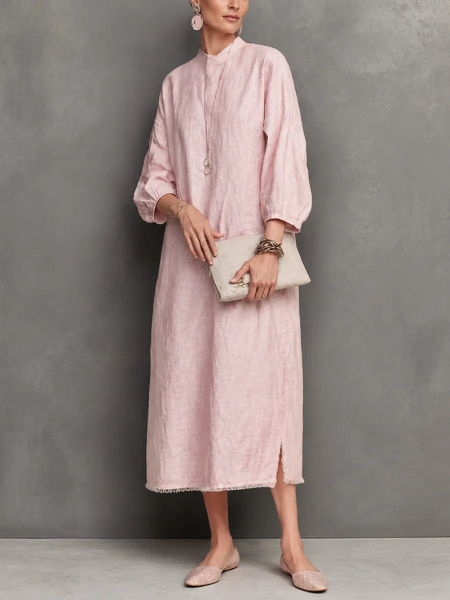 Women's Relaxed Style Light Pink Linen Cotton Stand Collar 3/4 Sleeve Fringe Slit Midi Dress MDZ0117G8GMJ