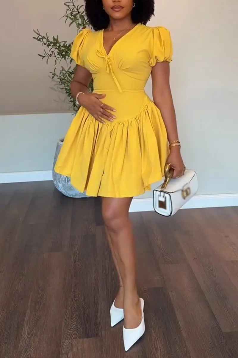 Women V-neck Patchwork Solid Color Elegant Temperament Dress