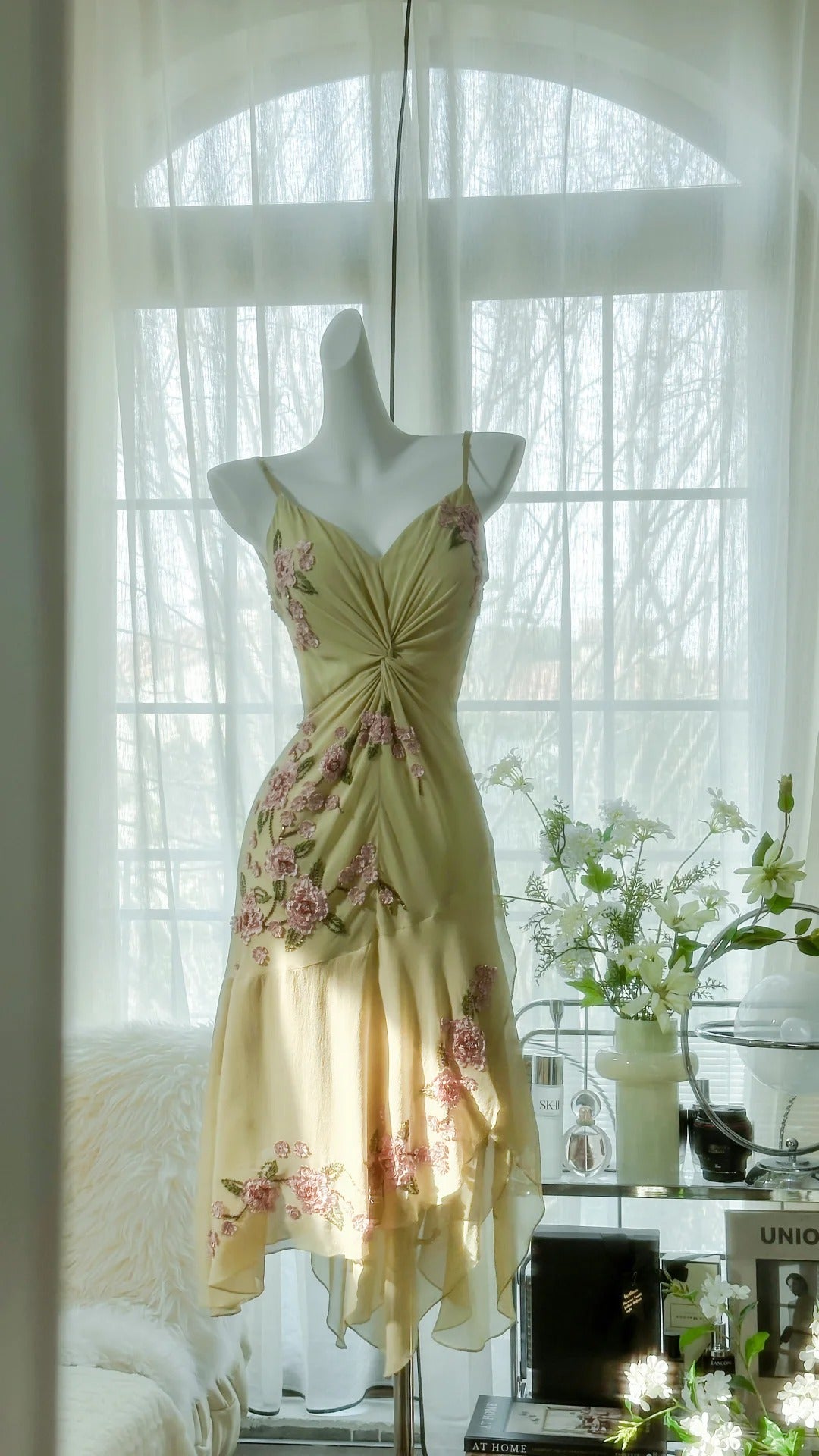 Yellow Elegant Romantic Delicate Pink Floral Beading Spaetti Straps Midi/Short Chiffon Homecoming Ball Gown Evening Dress Birthday/Wedding Guest/Holiday Party Dress Prom Dress 4023