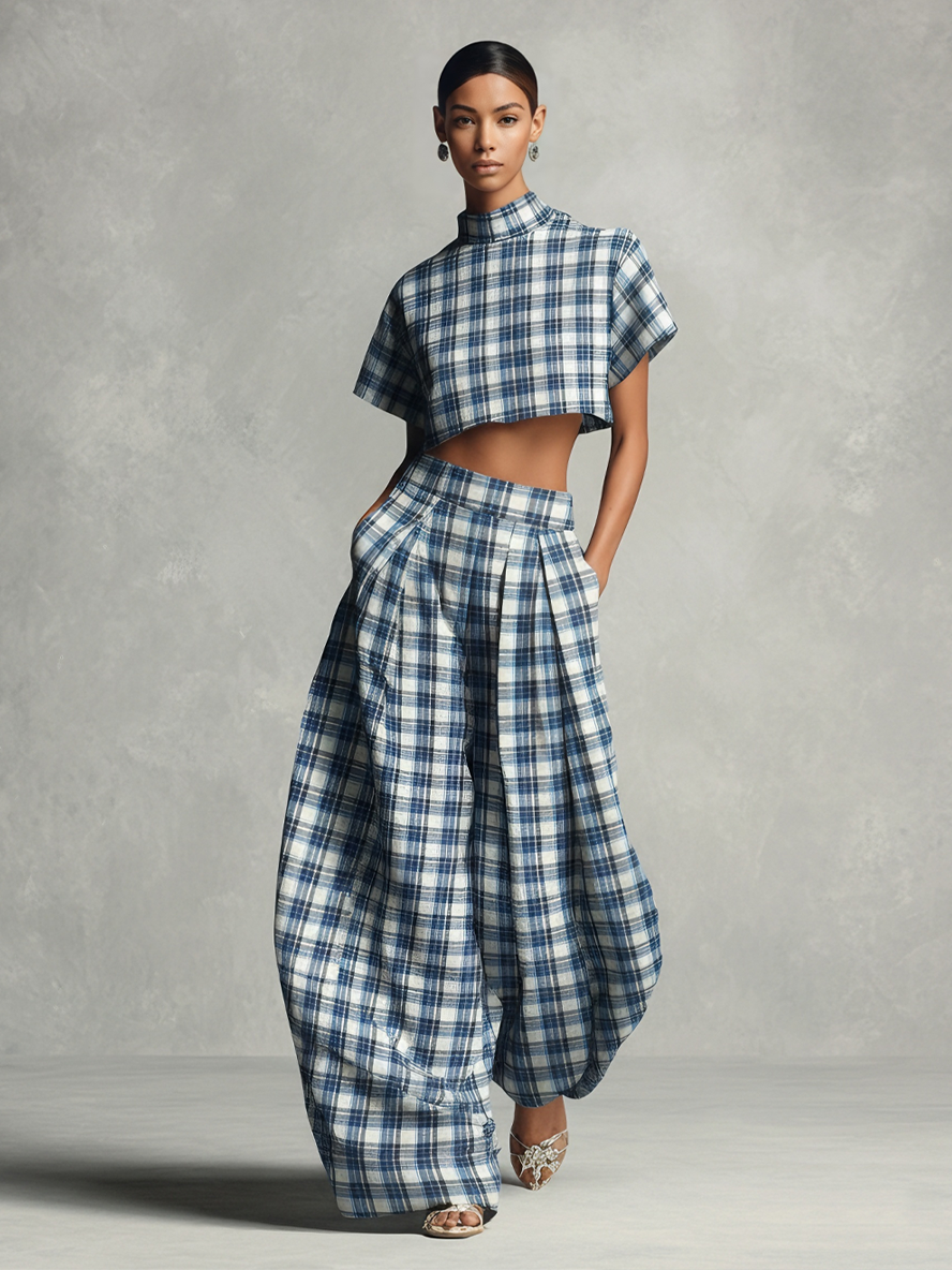 Women's Bold Cotton Blue & White Plaid Turtleneck Cropped Top & Lantern Wide-Leg Pants Set MDA2591L3AU