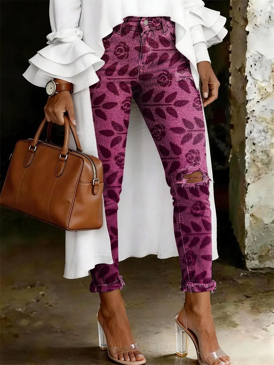 Women's Fashion Casual Multicolor Flowers Art Print Ripped Skinny Jeans