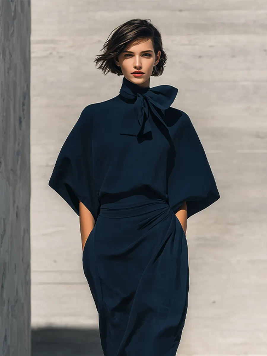 Women's Navy Cotton-Blend Two Piece Matching Set With Bow Tie Neck Batwing Sleeve Blouse & Side Twist Wrap Midi Skirt, Minimalist Elegant Formal Co-Ord Outfit MDZ2071G7LYL