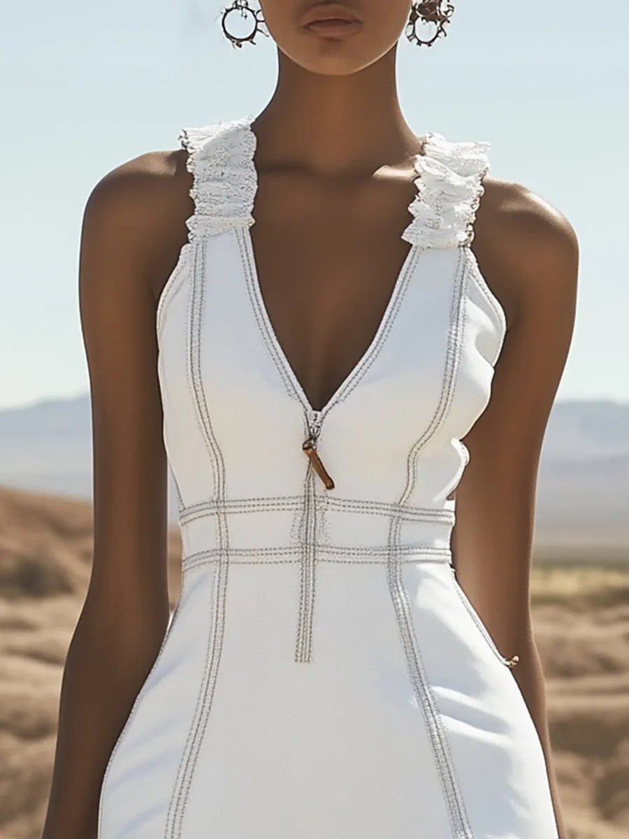 【24-hour shipping out】Stylish Casual White Denim Zipper Ruffle Trim Mini Dress