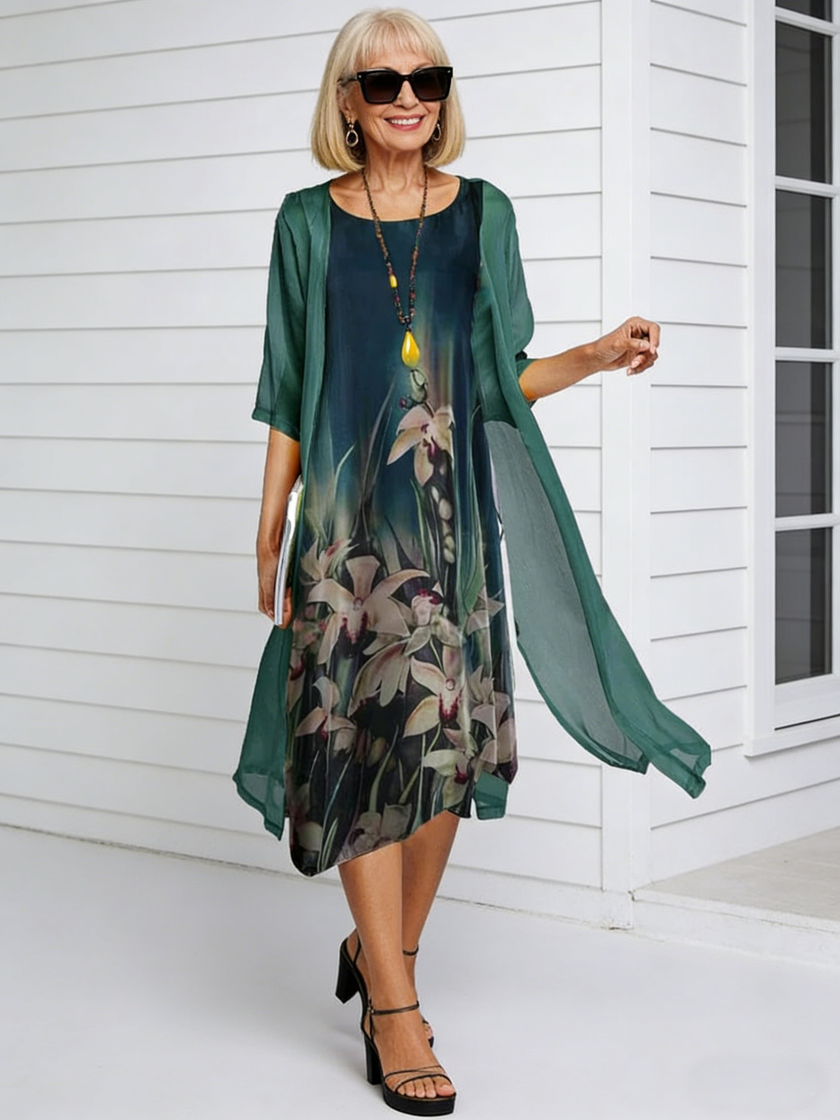 Casual Dress Two-piece Printed Round Neck Slim Dress Women