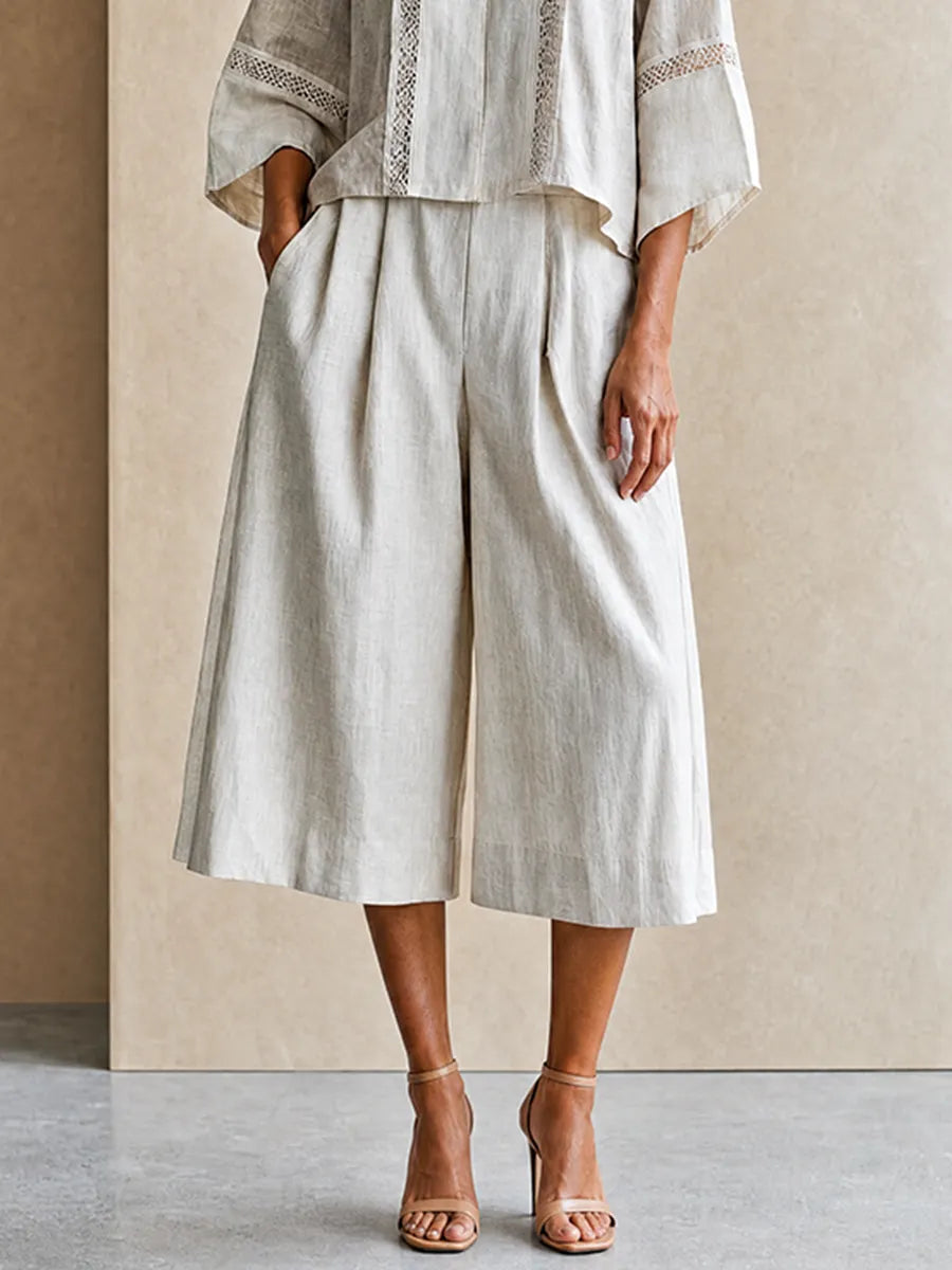 Women's Vacation-Style Cotton-Linen  Patchwork Stand-Collar Cropped Top + High-Waist Wide-Leg Pants MDZ0779G6CMX