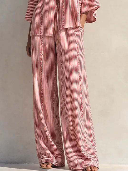 Women's Bohemian Red And White Striped Viscose Blend V-Neck Tie Front Kimono Sleeve Top And Wide-Leg Pants Two-Piece Set MDZ1490G4ZSQ