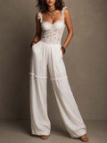Bohemian White Lace Bustier And Crinkle Cotton Wide-Leg Jumpsuit