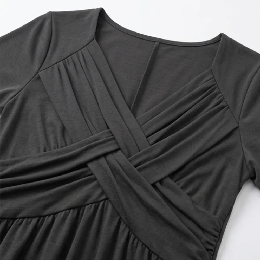 Veluna – Crossover V-Neck Midi Dress with Pockets