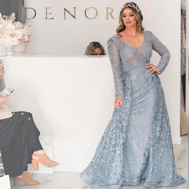 Dreamy Vow Luxury Pink Overskirt Arabic Muslim Dubai Evening Dress for Women Wedding Party Plus Size Blue Formal Gowns 062