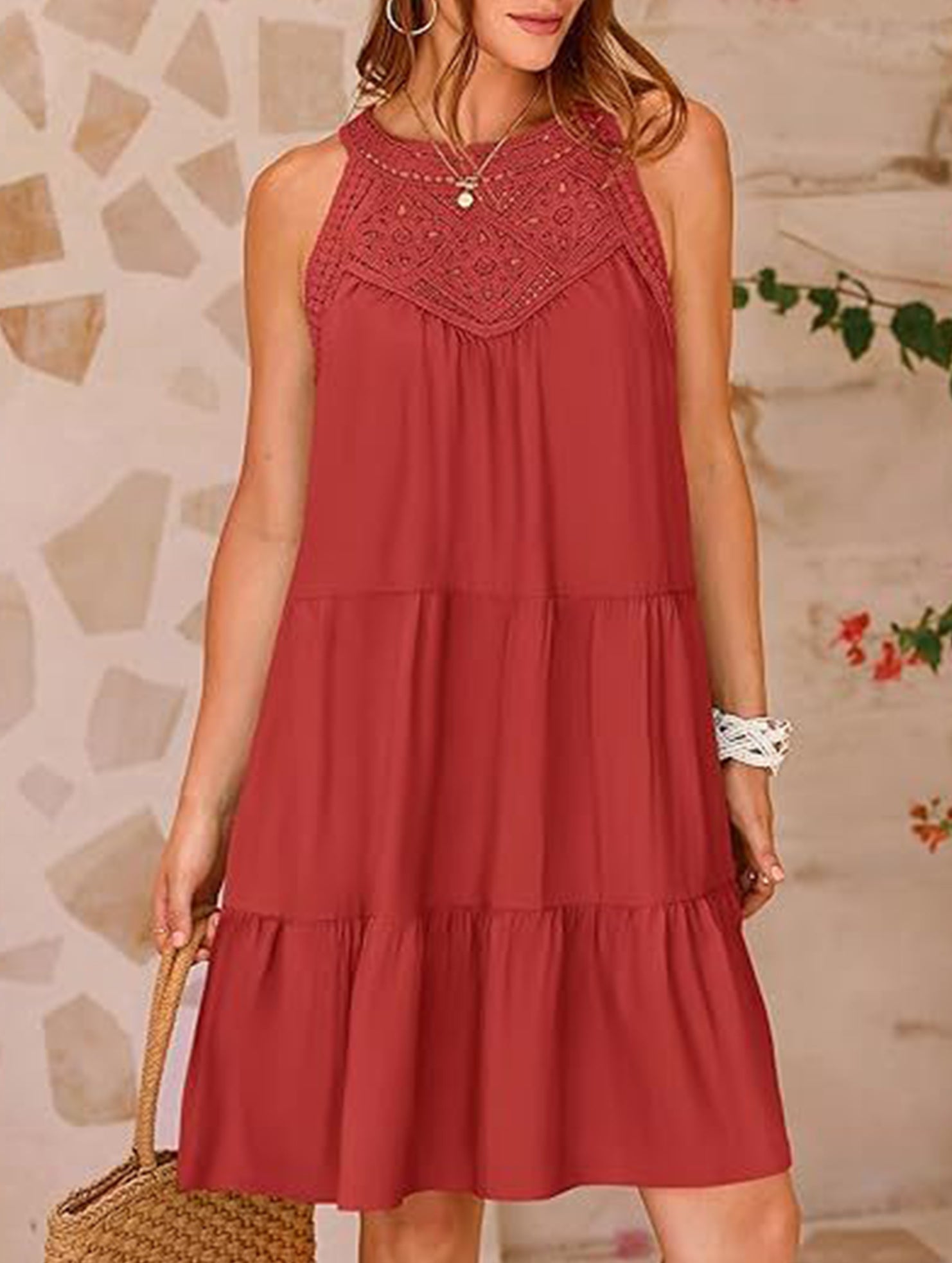 Lace Patch Halter A Line Dress_CWDSD12026