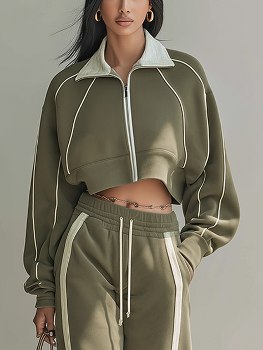 Women's Olive Cotton Blend Contrast Piping Cropped Zip Jacket & Wide Leg Sweatpants Set MDZ2223G4ZRK