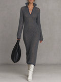 Women's Minimalist Pointelle Stand-Collar V-Neck Long-Sleeve Midi Knit Dress MDZ2159G8WY
