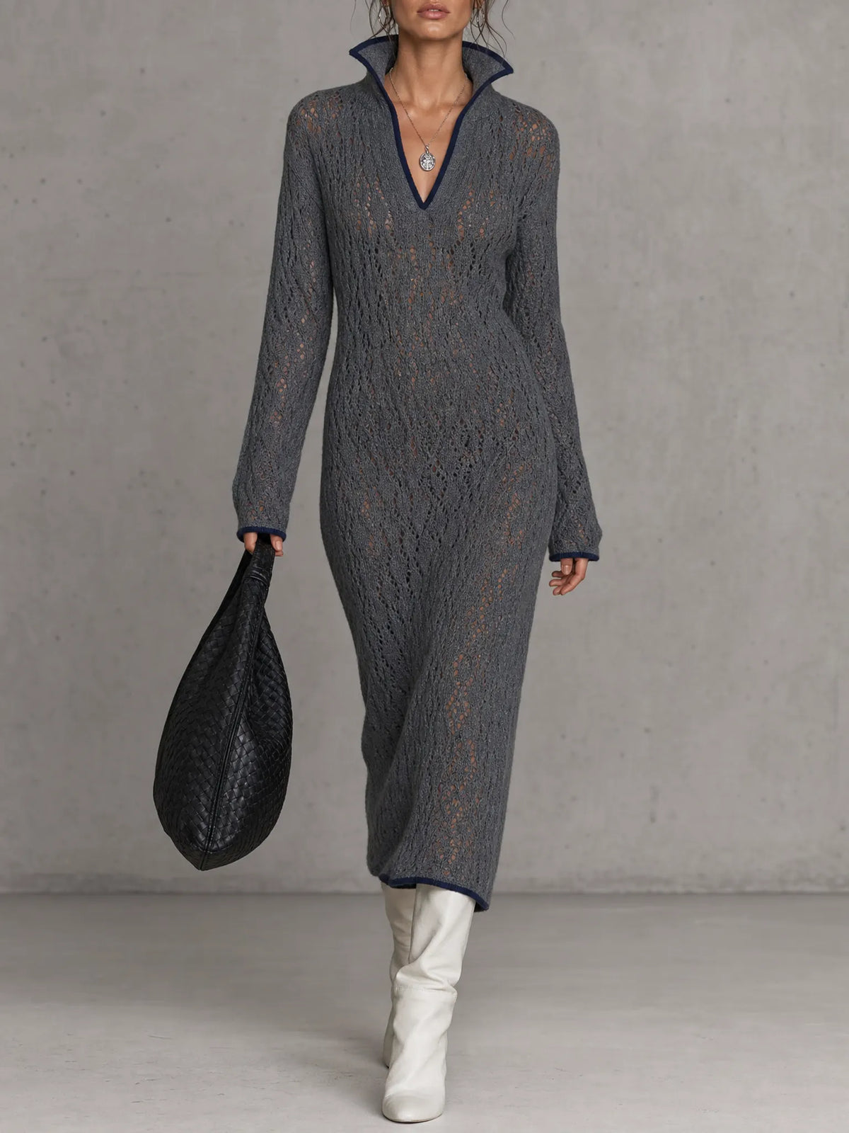 Women's Minimalist Pointelle Stand-Collar V-Neck Long-Sleeve Midi Knit Dress MDZ2159G8WY