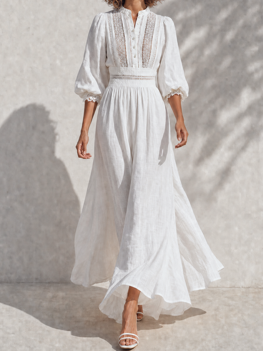 Women's Resort-Style White Stand-Collar Bishop-Sleeve Lace-Cutout-Paneled Cinched-Waist Linen Maxi Dress MDZ1502G4CMX