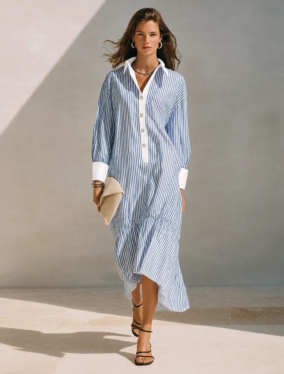 Women's Blue & White Vertical Stripe Cotton-Linen Shirt Dress With Contrast Cuffs MDZ0822G8ZRK
