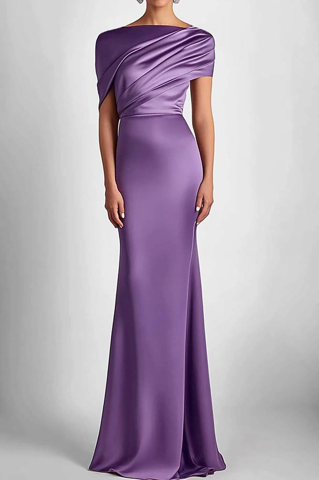 Fall Wedding Guest Dress Satin Purple Ruched Maxi Dress