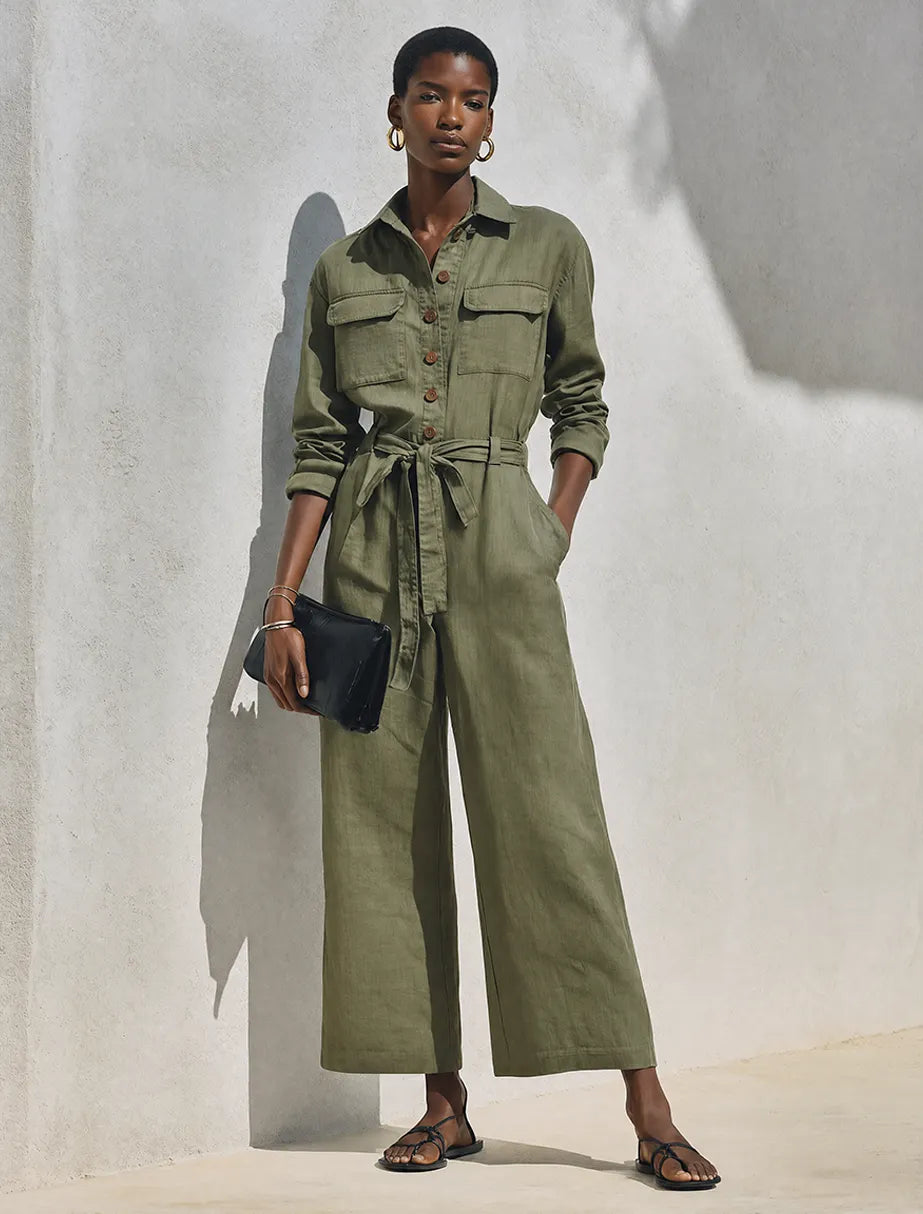 Women's Minimalist Linen-Blend Long-Sleeve Wide-Leg Jumpsuit MDZ0980G6ZRK