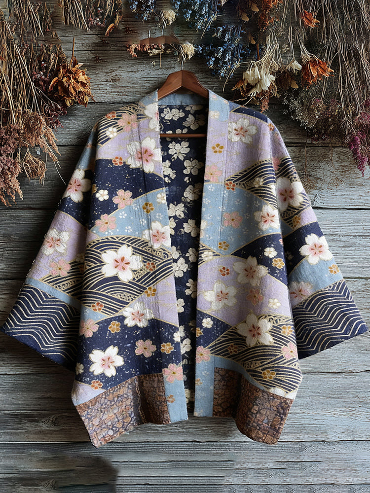 Retro Japanese Floral Traditional Sashiko Art Print Cotton And Linen Blend Kimono Cardigan